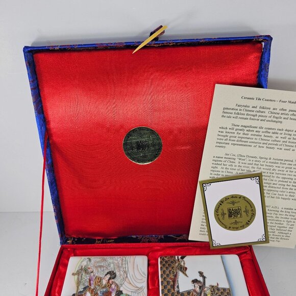 Yi Lin Arts & Treasures Ceramic Tile Coasters Four Maidens Of Beauty Brocade Box - Picture 7 of 9